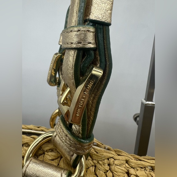 MICHAEL KORS Santorini Woven Raffia Gold Leather Tote Beach Shoulder Bag - Picture 7 of 16